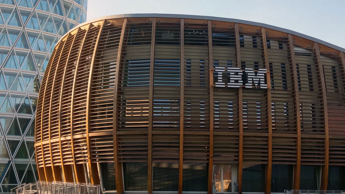 An IBM office building featuring a modern wood and metal exterior is pictured on Dec. 1, 2024 in Milan, Italy.