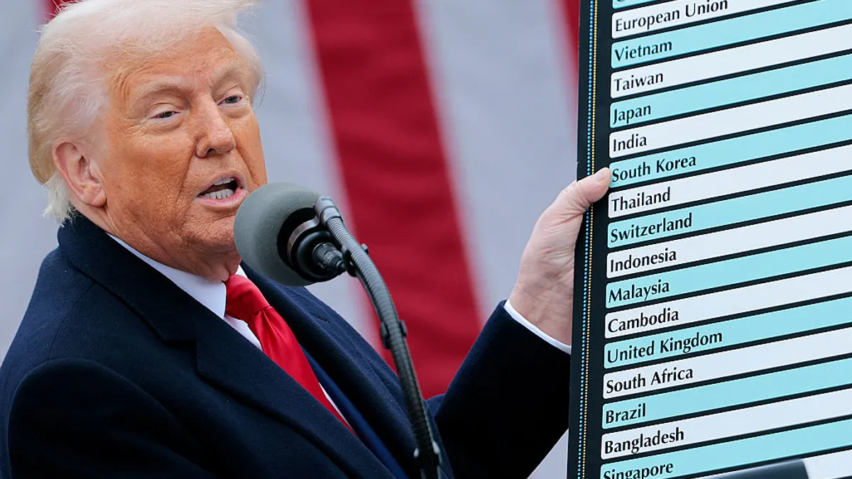 President Donald Trump holds up a chart while speaking during a “Make America Wealthy Again” trade announcement event in the Rose Garden at the White House.