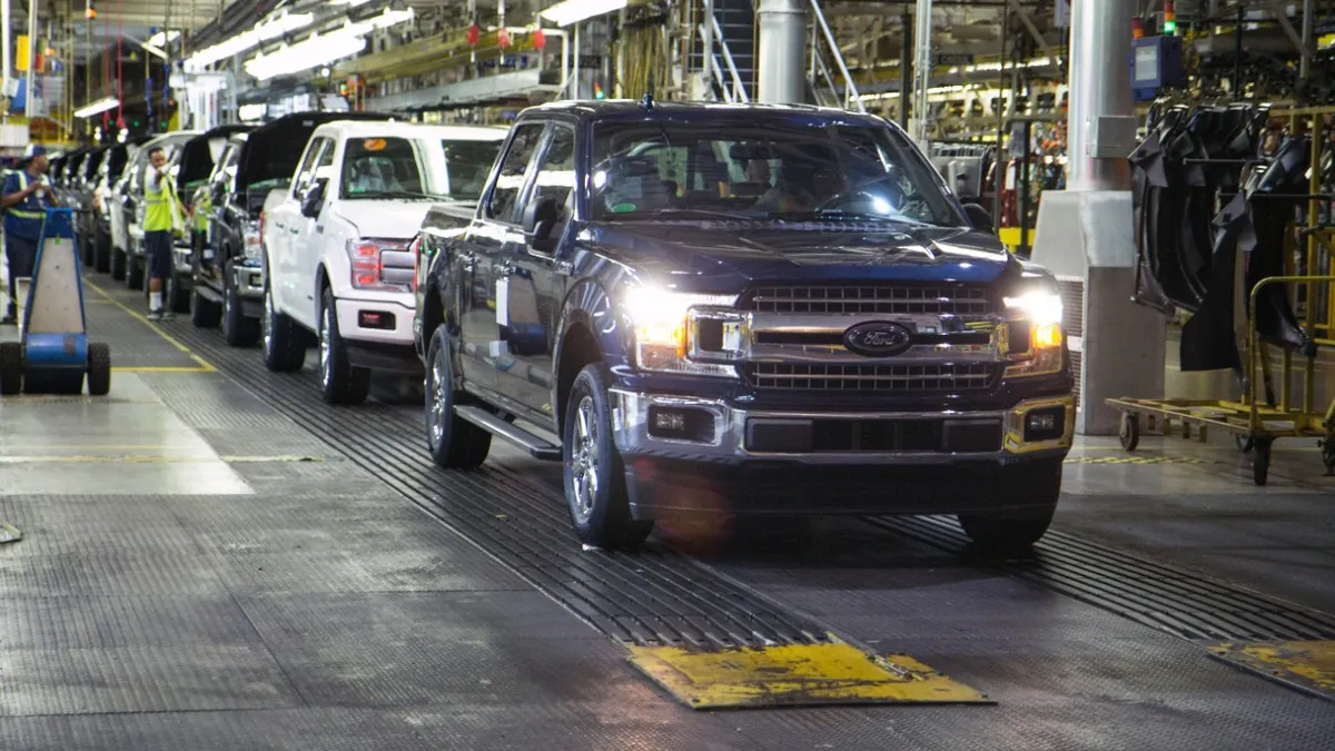 A Ford F-150 truck rolls off the assembly line at the automaker's Dearborn Truck Plant in Michigan in May 2018.