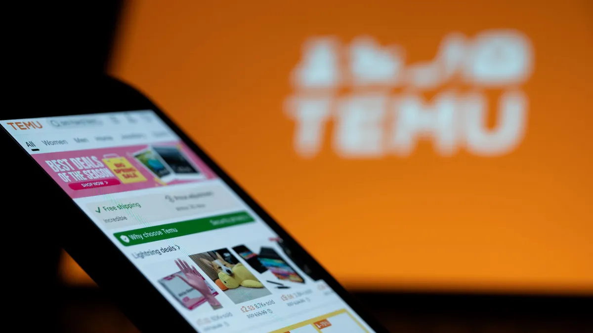 The Temu website is displayed alongside the official logo on screens.